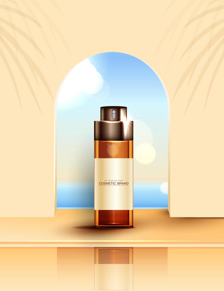 kosmetika vitamin c eller hudvårdsprodukter annonser med flaska, bannerannons för skönhetsprodukter och sky bakgrund glittrande ljuseffekt. vektor design