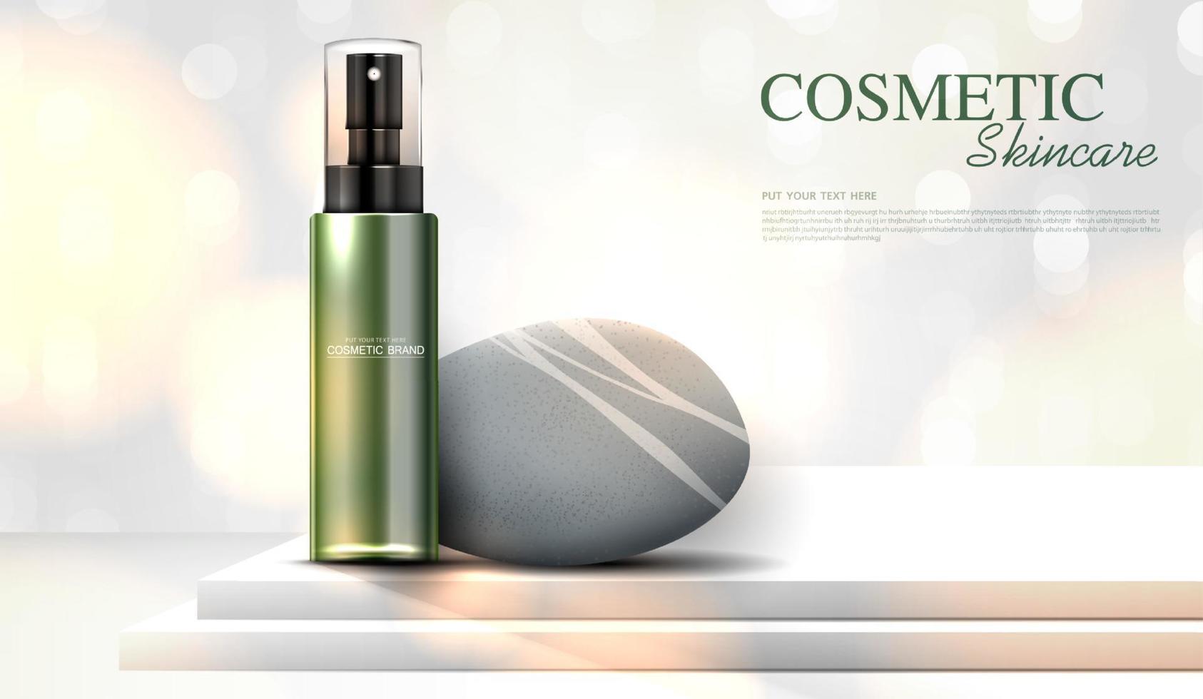 uppfriskande grönt te kosmetika eller hudvårdsprodukter annonser med flaska, bannerannons för skönhetsprodukter på bakgrunden glittrande ljuseffekt. vektor design