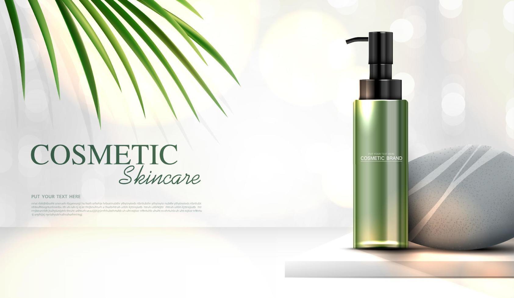 uppfriskande grönt te kosmetika eller hudvårdsprodukter annonser med flaska, bannerannons för skönhetsprodukter, sten och blad på bakgrunden glittrande ljuseffekt. vektor design