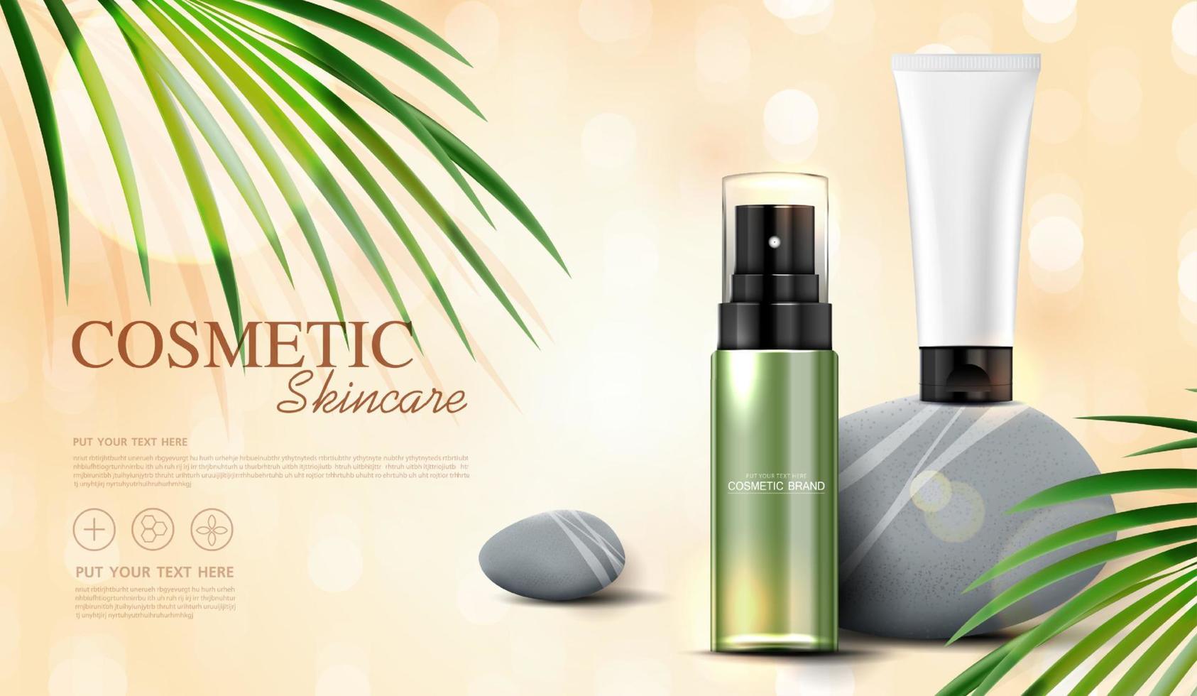 uppfriskande grönt te kosmetika eller hudvårdsprodukter annonser med flaska, bannerannons för skönhetsprodukter, sten och blad på bakgrunden glittrande ljuseffekt. vektor design