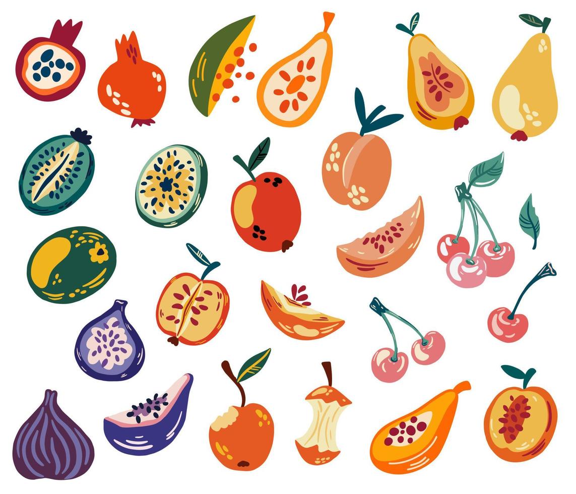 Obst-Set. tropische Früchte, Granatapfel, Kirsche, Birne, Apfel, Kiwi, Pfirsich, Mango, Feige, Papaya. süßes gesundes essen. vektorkarikaturhand zeichnen illustration vektor