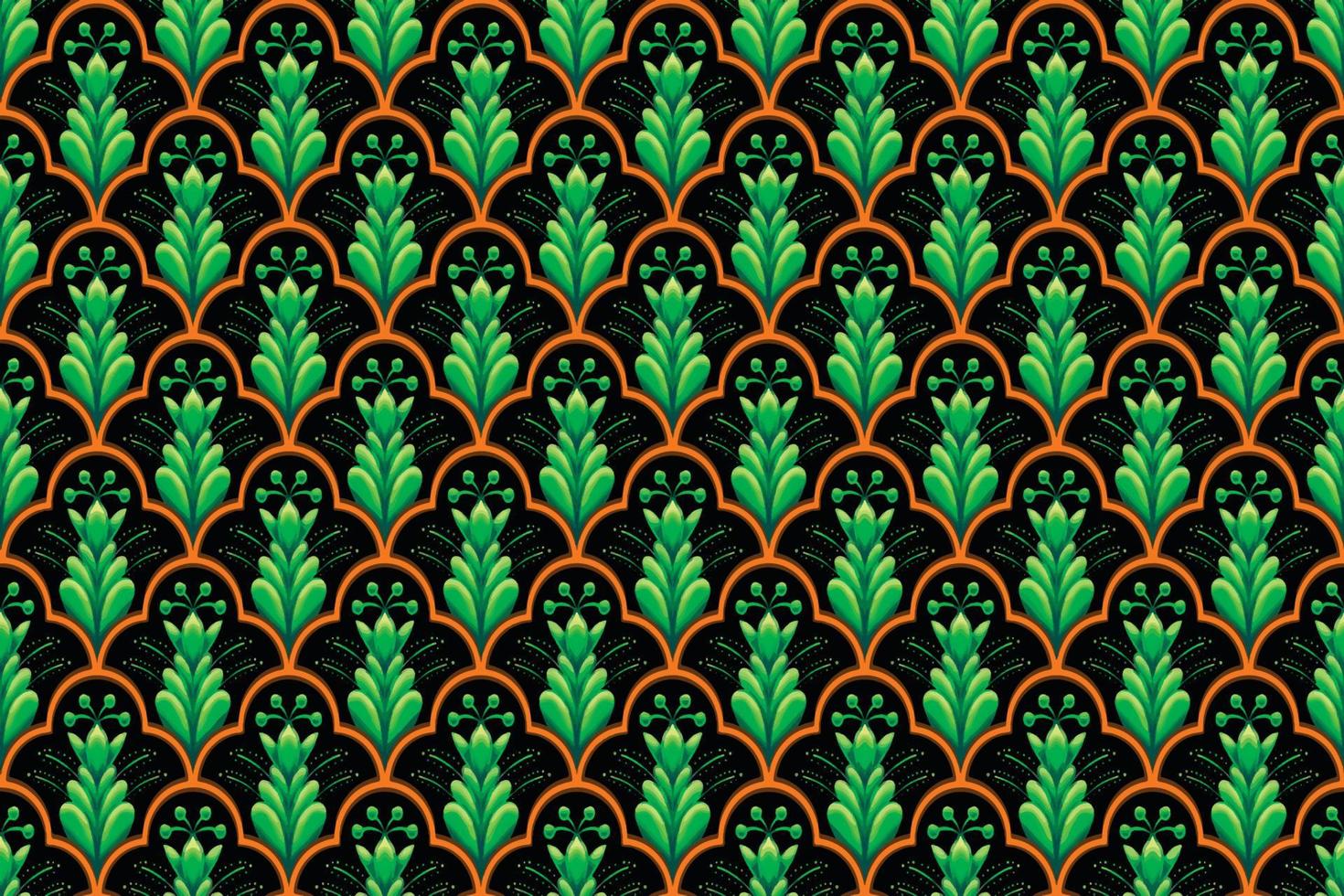 grön orange blomma på svart. geometriskt etniskt orientaliskt mönster traditionell design för bakgrund, matta, tapeter, kläder, omslag, batik, tyg, vektorillustration broderistil vektor