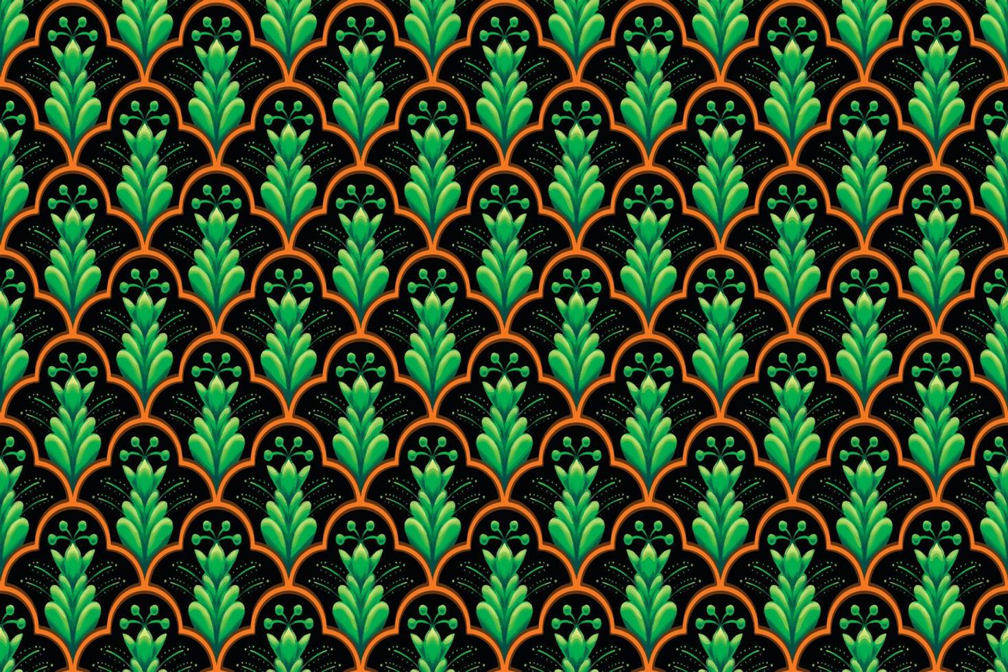 grüne orangefarbene Blume auf Schwarz. geometrisches ethnisches orientalisches Muster traditionelles Design für Hintergrund, Teppich, Tapete, Kleidung, Verpackung, Batik, Stoff, Vektorillustrationsstickereiart vektor