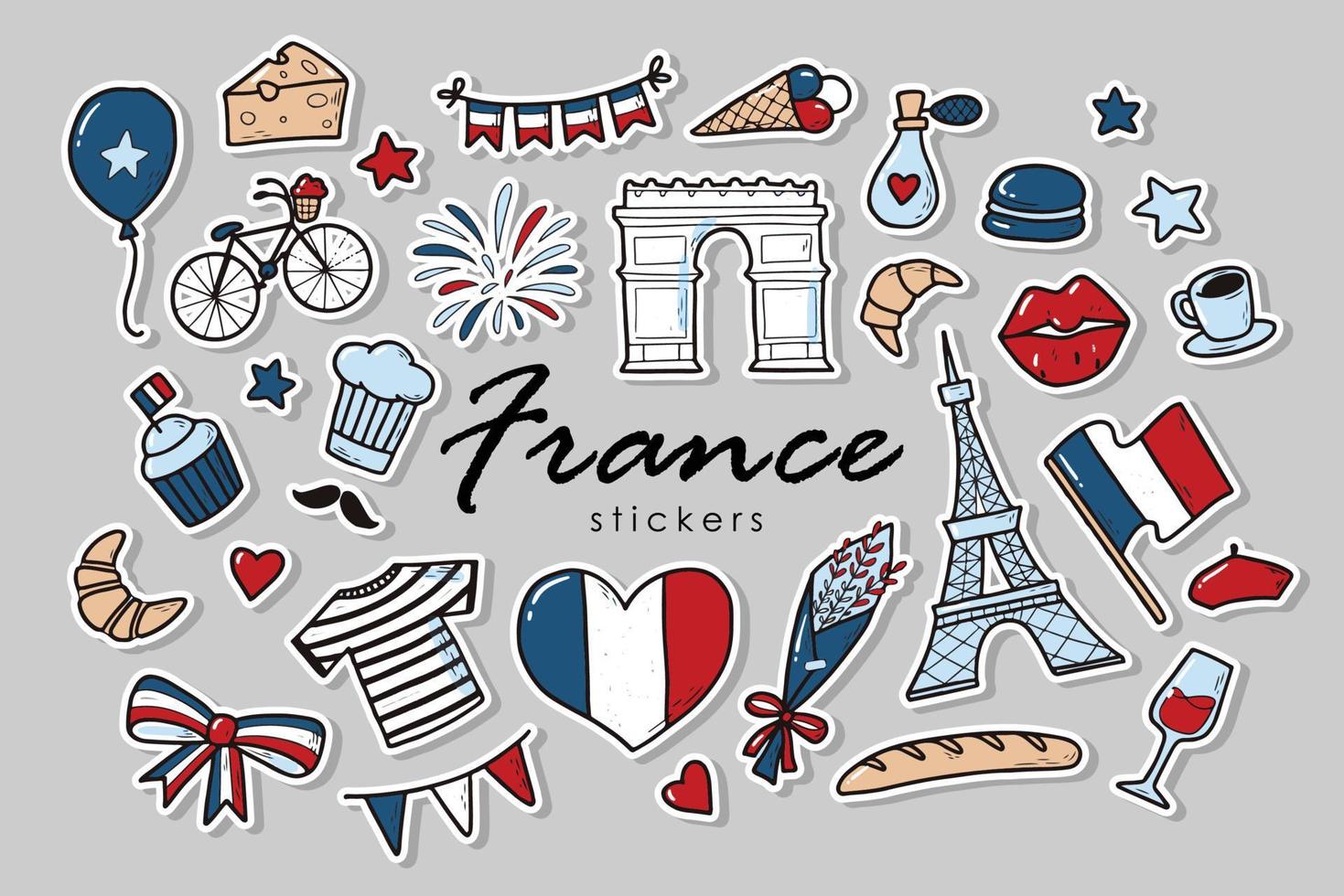 uppsättning av frankrike klistermärken. franska doodles isolerad på grå bakgrund. bra för utskrifter, ikoner, logotyper, affischer, kort, etc. bastilledagens tema. eps 10 vektor