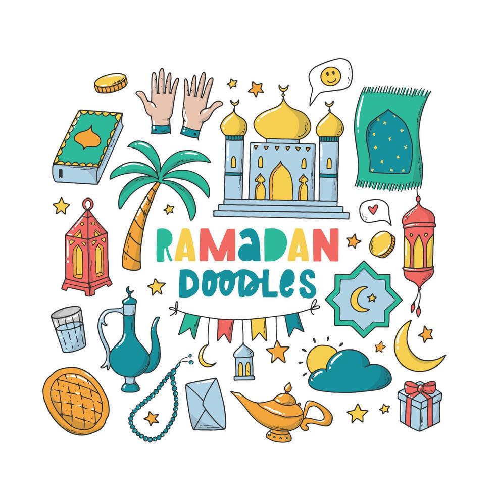 uppsättning ramadan och islamiska doodles isolerad på vit bakgrund. bra för klistermärken, ikoner, utskrifter, planerare, scrapbooking, stationära etc. eps 10 vektor