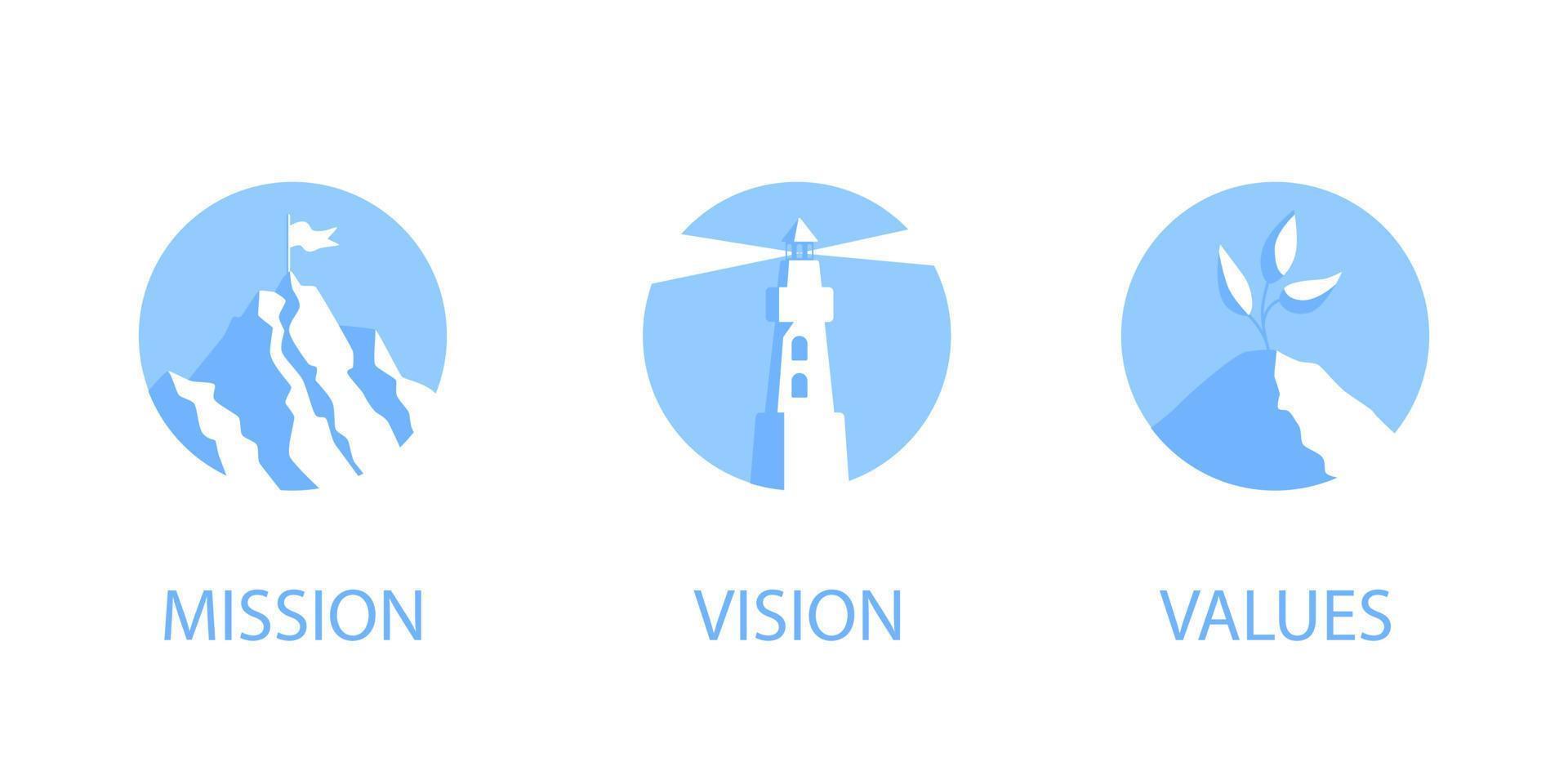 Mission, Vision und Werte flache Design-Symbole Zeichen Web-Konzepte Vektor-Illustration-Set. vektor