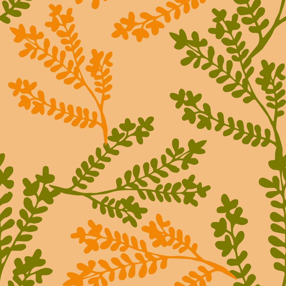 sömlösa vektormönster med gröna och orange silhuetter av örter på brun bakgrund. kvistar med små blad. bra tryck för tapeter, textil, omslagspapper, keramiska plattor vektor