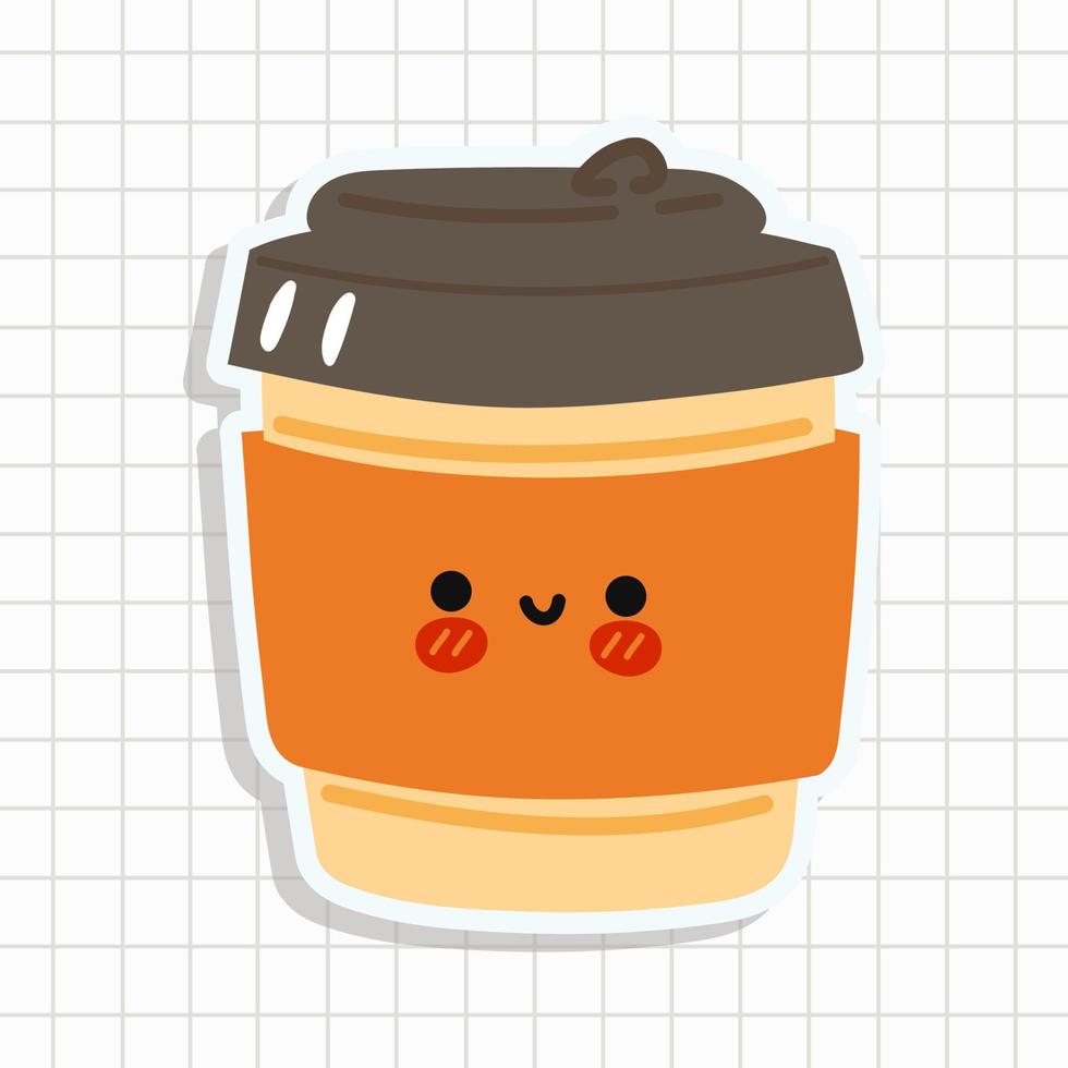 lustige niedliche glückliche kaffee-pappbechercharaktere. Vektor kawaii Linie Cartoon-Stil Illustration. süßer Kaffee-Pappbecher-Aufkleber in einem Notizbuch