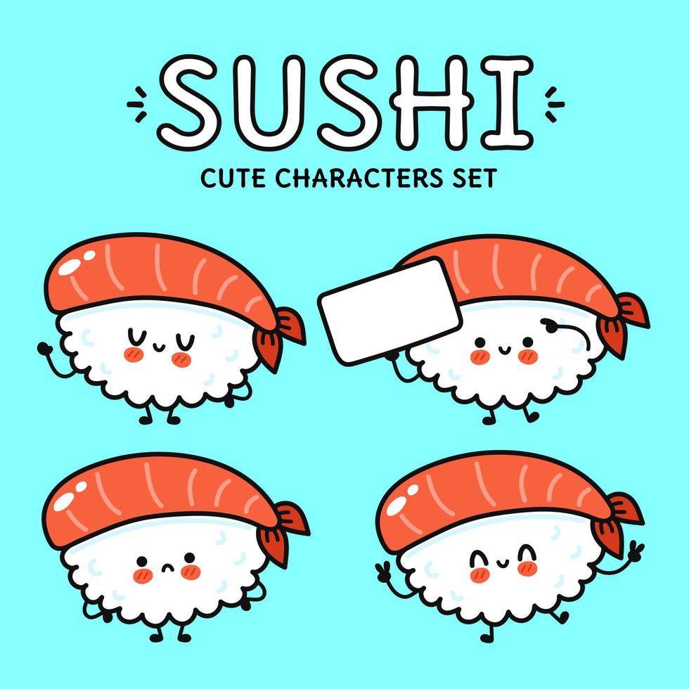 rolig söt glad sushi tecken bunt set. vektor kawaii linje tecknad stil illustration. söt sushi maskot karaktär samling