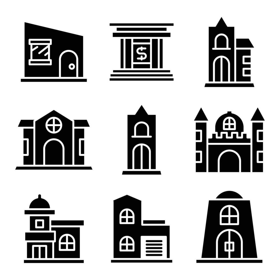 hus, slott och bank ikoner vektor