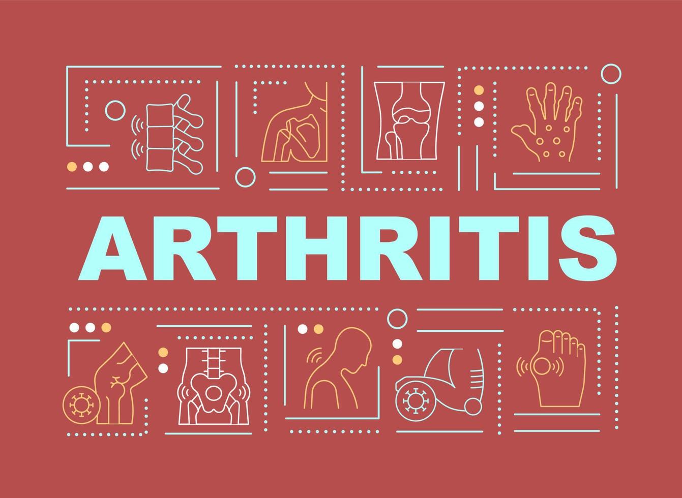 ledartrit ord begrepp banner. ledinflammation och svullnad. infographics med linjära ikoner på röd bakgrund. isolerad kreativ typografi. vektor kontur färg illustration med text