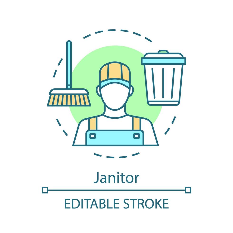 Hausmeister-Konzept-Symbol. reinigungsagentur mitarbeiter idee dünne linie illustration. Pförtner Reinigung von Krankenhäusern, Schulen. Instandhaltung von Gebäuden. Straßenreinigung. Vektor isoliert Umrisszeichnung. editierbarer Strich