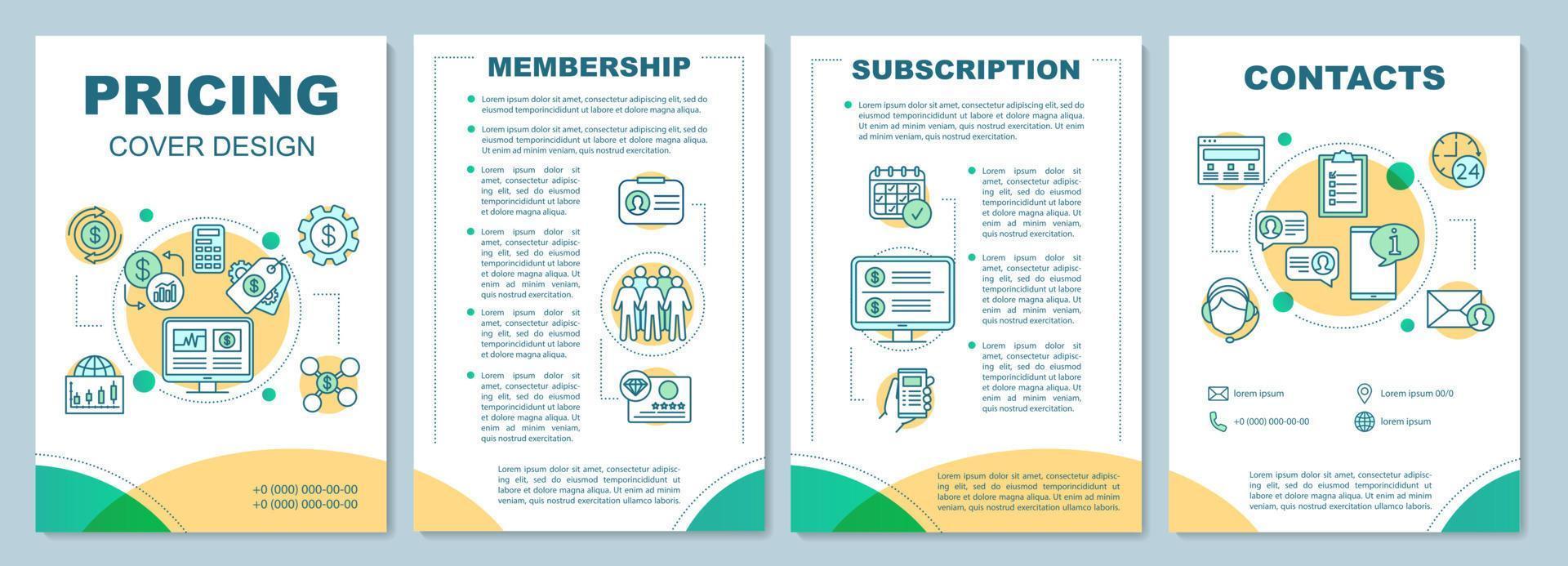 Layout der Preisbroschürenvorlage. Mitgliedschaft und Abonnement. flyer, broschüre, broschürendruckdesign mit linearen illustrationen. Vektorseitenlayouts für Zeitschriften, Geschäftsberichte, Werbeplakate vektor