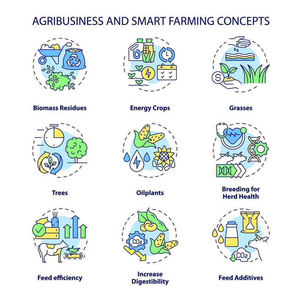 agribusiness und intelligente landwirtschaftskonzeptikonen eingestellt. fütterungseffizienz und additive idee dünne linienabbildungen in farbe. isolierte Umrisszeichnungen. editierbarer Strich. Roboto-Medium, unzählige pro-fette Schriftarten verwendet vektor