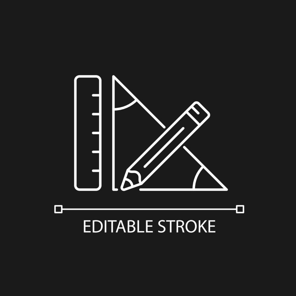 Geometrie weißes lineares Symbol für dunkles Thema. Bleistift und Lineal. geometrische Problemlösung. dünne linie anpassbare illustration. isoliertes Vektorkontursymbol für den Nachtmodus. editierbarer Strich vektor