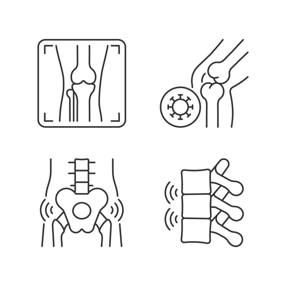 extreme schmerzen in den knochen lineare symbole gesetzt. arthritis röntgen. infektiöse Gelenkerkrankung. Hüften Rheuma. anpassbare dünne Linienkontursymbole. isolierte vektorumrissillustrationen. editierbarer Strich vektor