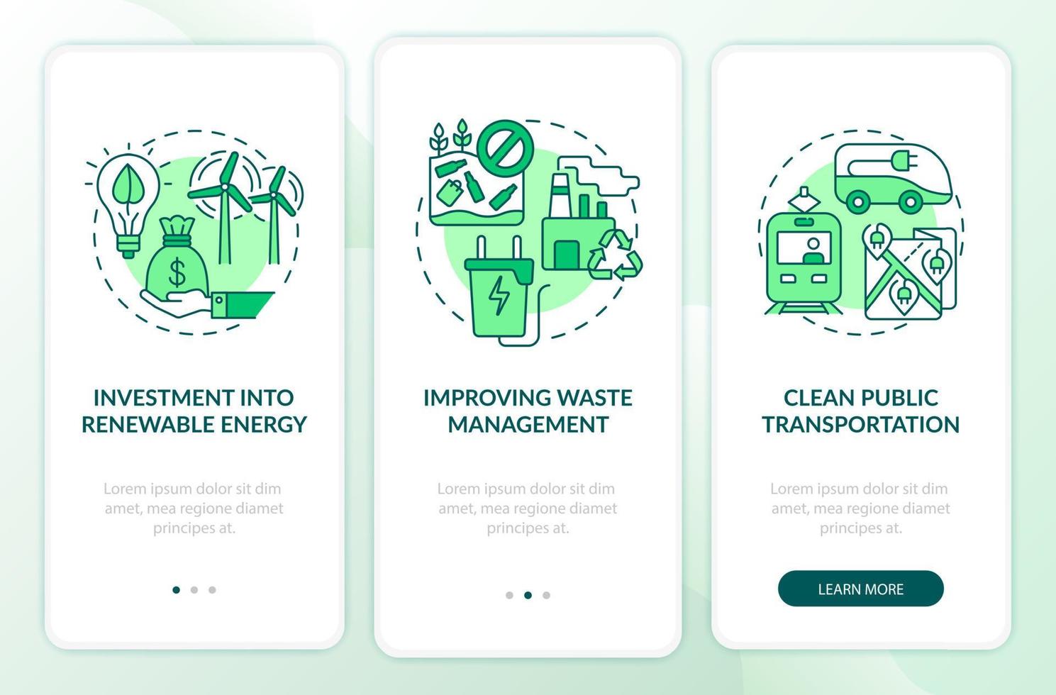 förhindra klimatförändringar ombord på mobilappsidan. alternativ energi genomgång 3 steg grafiska instruktioner med koncept. ui, ux, gui vektormall med linjära färgillustrationer vektor