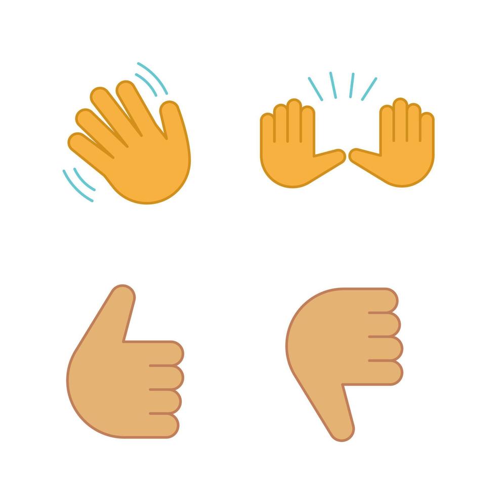 handgest emojis färgikoner set. hej, adjö, stopp, bra jobbat, ogillande gestikulerande. viftar och höjer händerna, tummen upp och ner. isolerade vektorillustrationer vektor