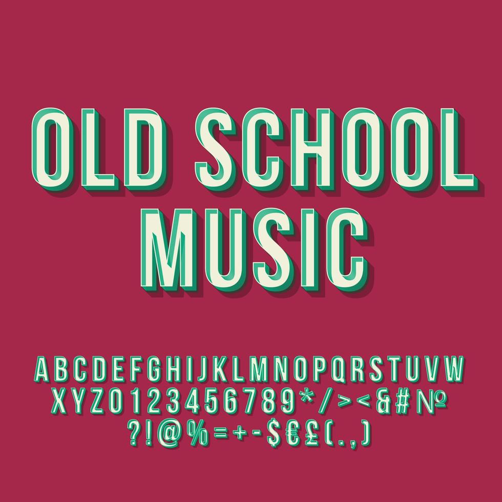 old school musik 3d vektor bokstäver. retro fet typsnitt. popkonst stiliserad text. vintage stil bokstäver, siffror, symboler pack. 90-tal, 80-tal affisch, banner typografi design. mörk rosa färg bakgrund