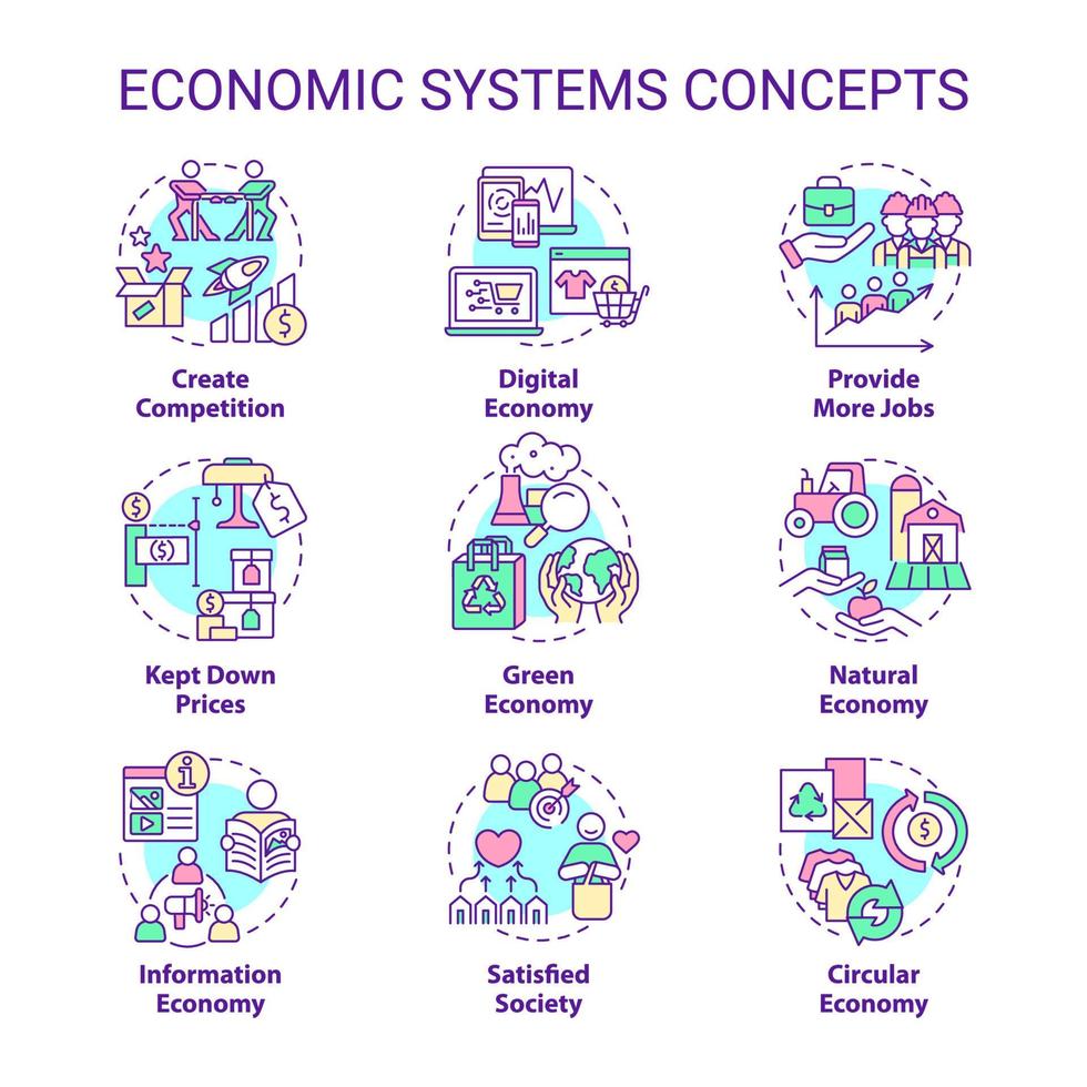 ekonomiska system koncept ikoner set. tillverkning och distribution. varor och tjänster idé tunn linje färgillustrationer. isolerade symboler. redigerbar linje. roboto-medium, otaliga pro-bold typsnitt som används vektor