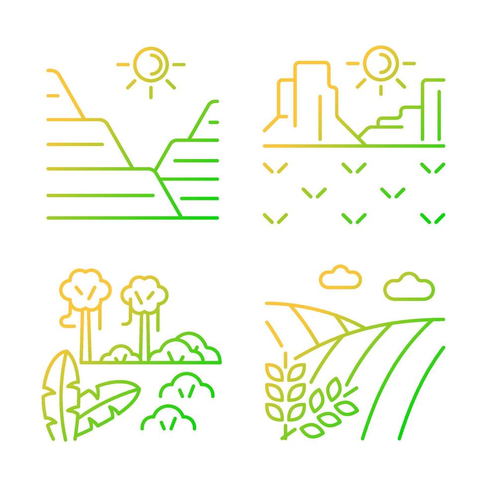 lineare vektorsymbole für landformen mit gradienten eingestellt. Sediment- und Felslandbildung. heiße Klimaregion. Dschungel und Regenwald. dünne Linienkontursymbole bündeln. Sammlung von isolierten Umrissillustrationen vektor