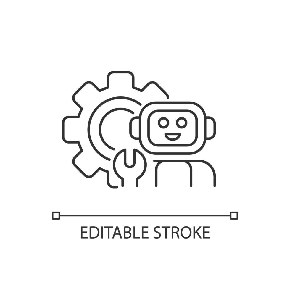 Technologie lineares Symbol. Roboter mit Schraubenschlüssel vor dem Hintergrund riesiger Ausrüstung. Mechanismen studieren. dünne linie anpassbare illustration. Kontursymbol. Vektor isoliert Umrisszeichnung. editierbarer Strich