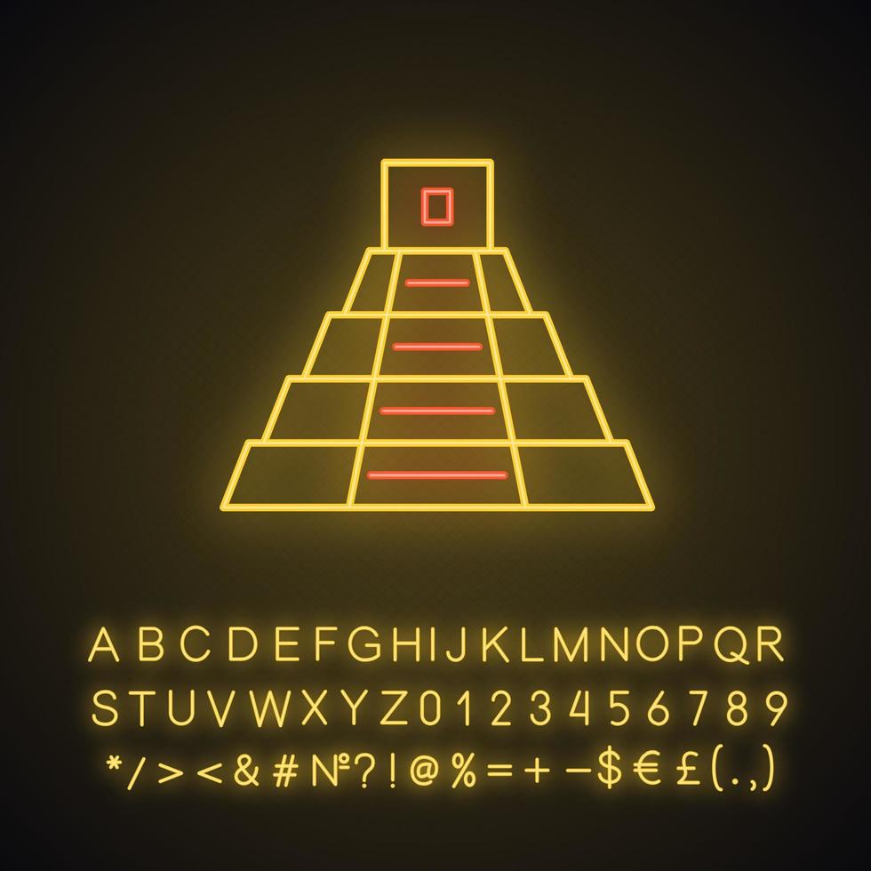 Symbol für Neonlicht der mexikanischen Pyramide. Teotihuacán. Maya-Pyramide. Treppe hinauf. leuchtendes zeichen mit alphabet, zahlen und symbolen. vektor isolierte illustration