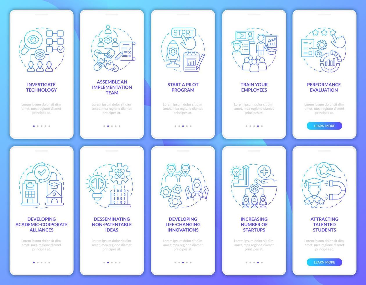 Share-Technologien beim Onboarding auf der Seite der mobilen App. Verbreitung von Innovationen Walkthrough 5 Schritte grafische Anweisungen mit Konzepten. ui, ux, gui-vektorvorlage mit linearen farbillustrationen vektor