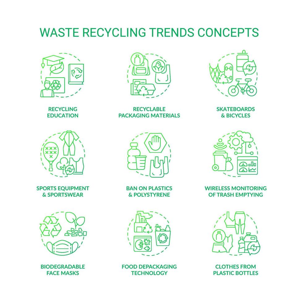 trends im müllrecycling und upcycling-konzept symbole gesetzt. Umweltschutz. Reduzierung der globalen Umweltverschmutzung Idee dünner Farbillustrationen. Vektor isolierte Umrisszeichnungen