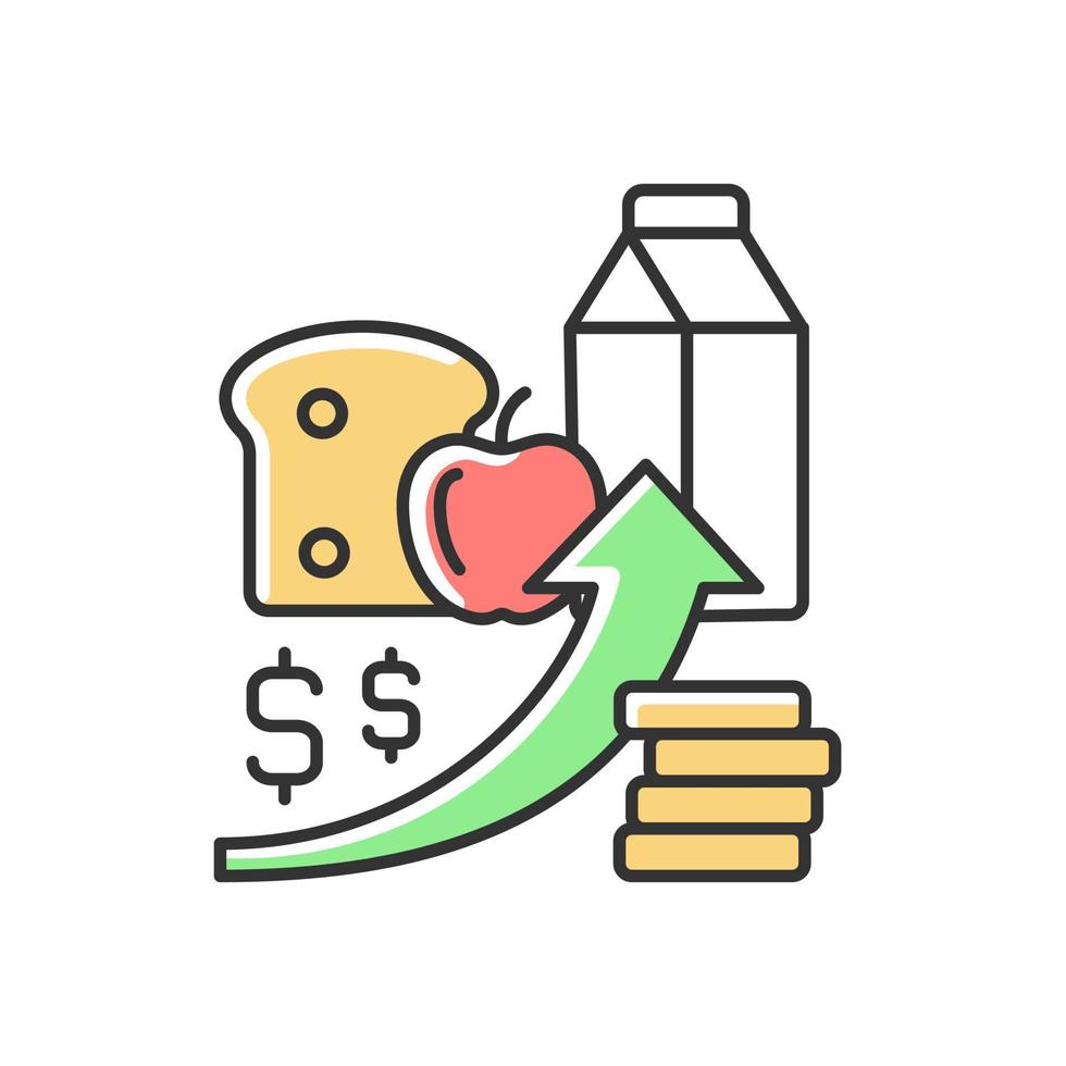 RGB-Farbsymbol für steigende Lebensmittelpreise. Preisinflation. wirtschaftliche Frage. Lebensmittel einkaufen. Ernährungsunsicherheit und Hungergrund. isolierte vektorillustration. einfache gefüllte Strichzeichnung vektor