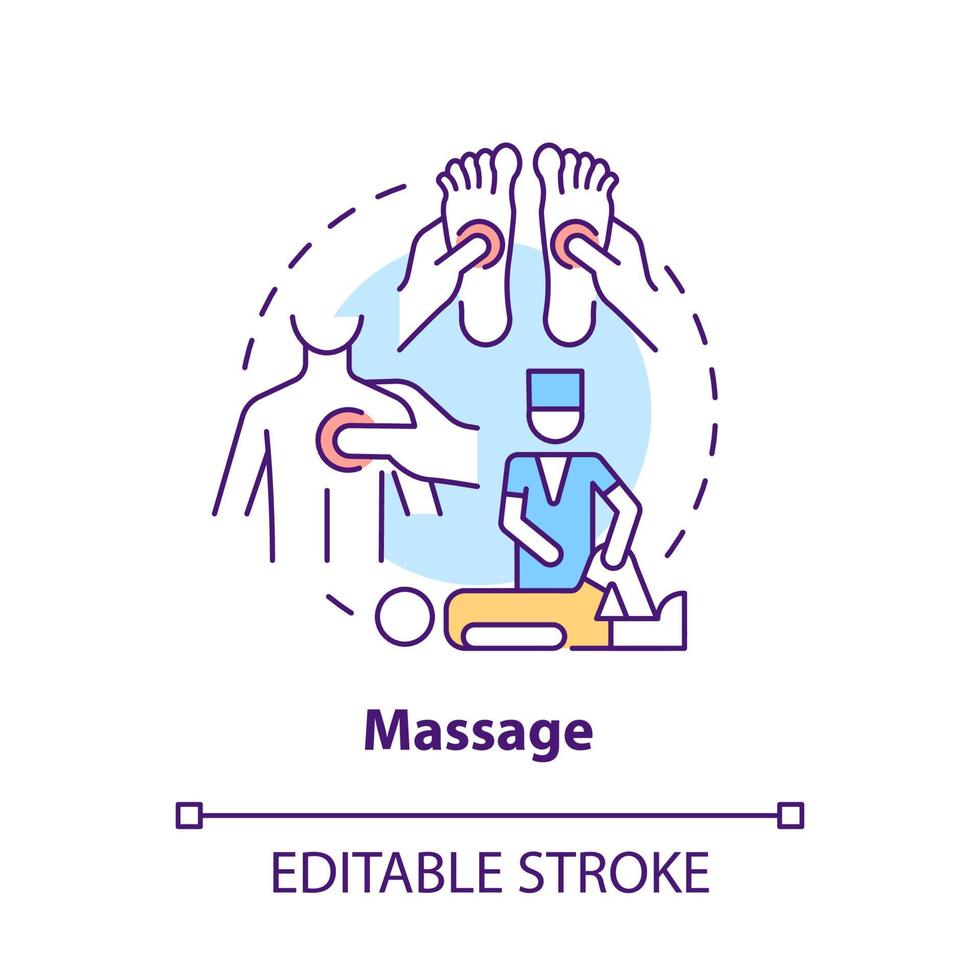 Massage-Konzept-Symbol. Akupressur zur Schmerzlinderung. körperliche Rehabilitation. physiotherapie behandlung abstrakte idee dünne linie illustration. Vektor isolierte Umrissfarbe Zeichnung. editierbarer Strich