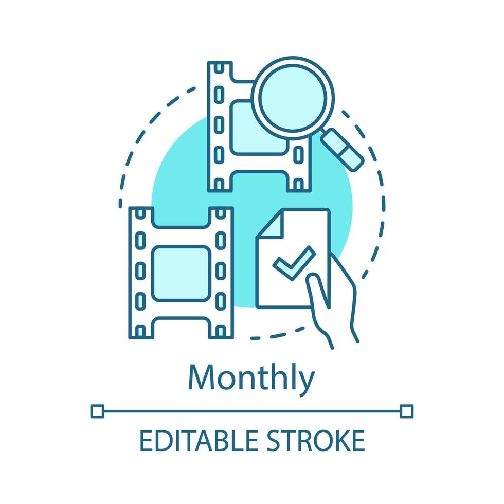 Symbol für monatliches Konzept. video-editor-abonnementtarif idee dünne linie illustration. Motion-Design-Programm. Effekte anwenden. Vektor isoliert Umrisszeichnung. Schnitt. editierbarer Strich