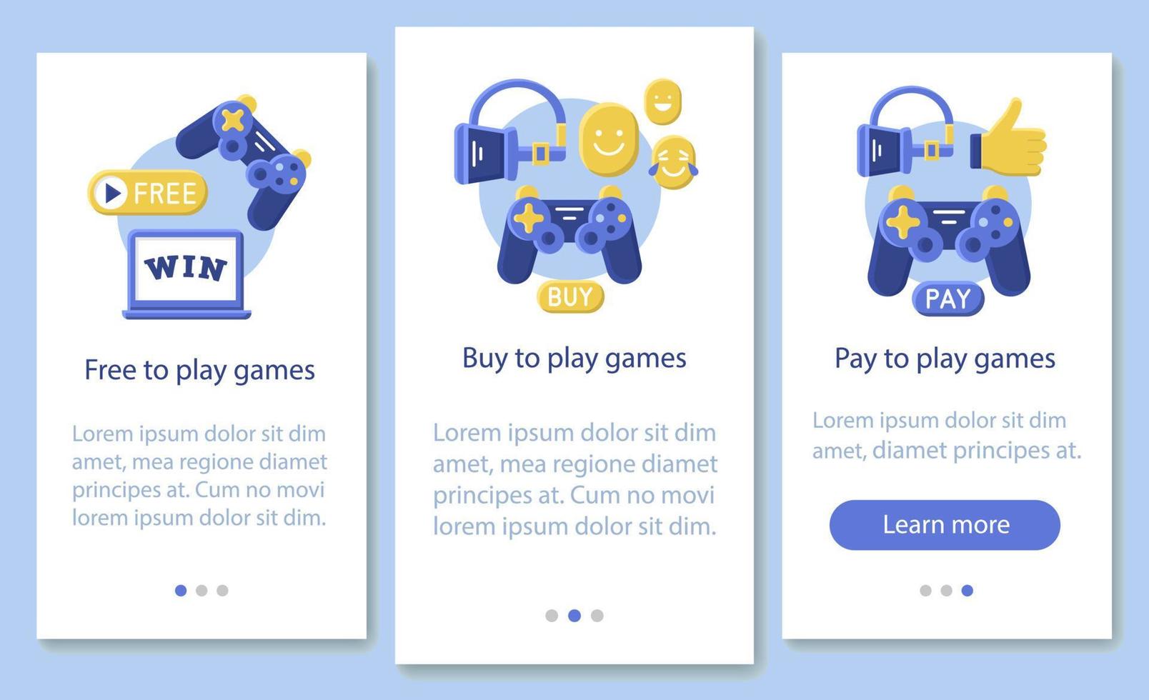 kauf von apps und spielen beim onboarding der mobilen app-seitenbildschirm-vektorvorlage. kostenlos, zahlen, um zu spielen. flache Design-Website-Anweisungen. ux, ui, gui smartphone-schnittstellen-cartoon-konzept vektor