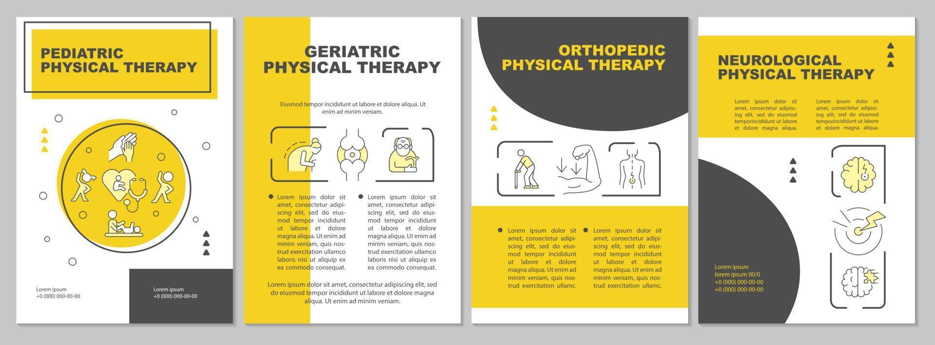 physiotherapietypen gelbe broschürenvorlage. Gesundheitsvorsorge. flyer, broschüre, broschürendruck, cover-design mit linearen symbolen. Vektorlayouts für Präsentationen, Geschäftsberichte, Anzeigenseiten vektor