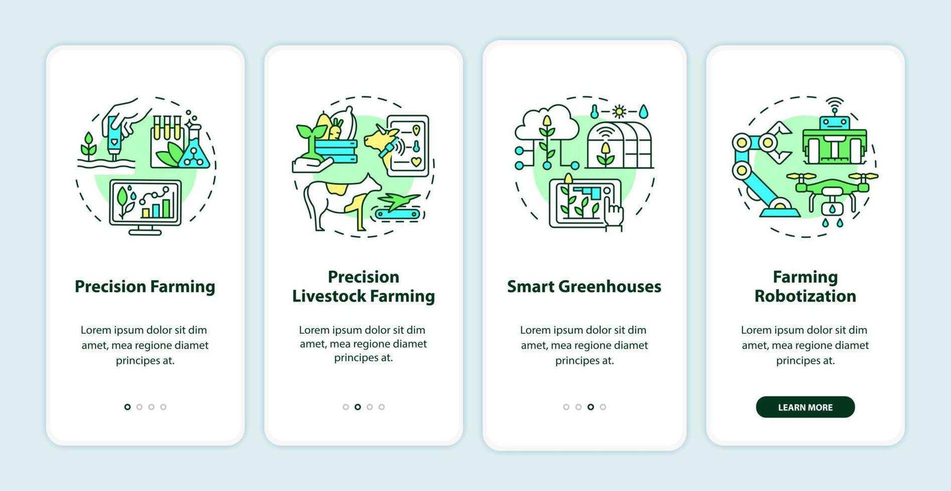 Smart Farming Onboarding-Bildschirm für mobile Apps. Präzisionslandwirtschaft Komplettlösung 4 Schritte grafische Anleitungsseiten mit linearen Konzepten. ui, ux, gui-Vorlage. Unzählige pro-fette, normale Schriftarten werden verwendet vektor