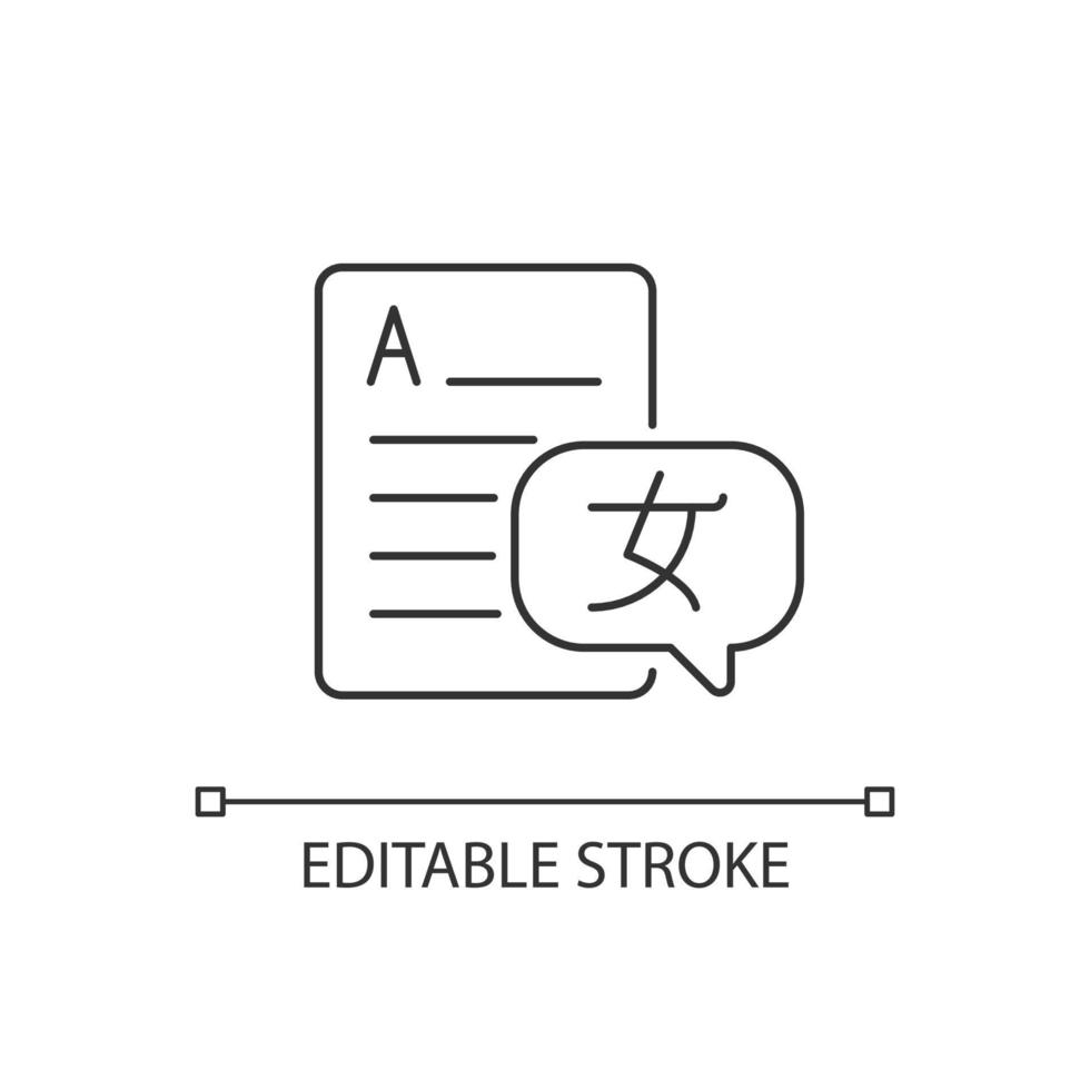 Fremdsprachen lineares Symbol. Textübersetzung, Dolmetschen. Fremdsprachenunterricht. dünne linie anpassbare illustration. Kontursymbol. Vektor isoliert Umrisszeichnung. editierbarer Strich