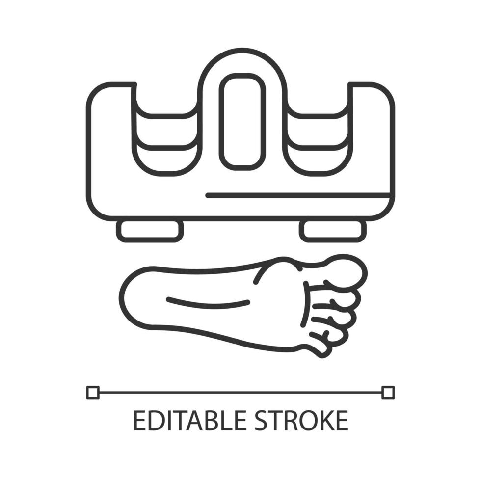 fotmassager linjär ikon. elektrisk anordning för fotstimulering. fotmassagemaskin. kroppsvård. tunn linje anpassningsbar illustration. kontur symbol. vektor isolerade konturritning. redigerbar linje