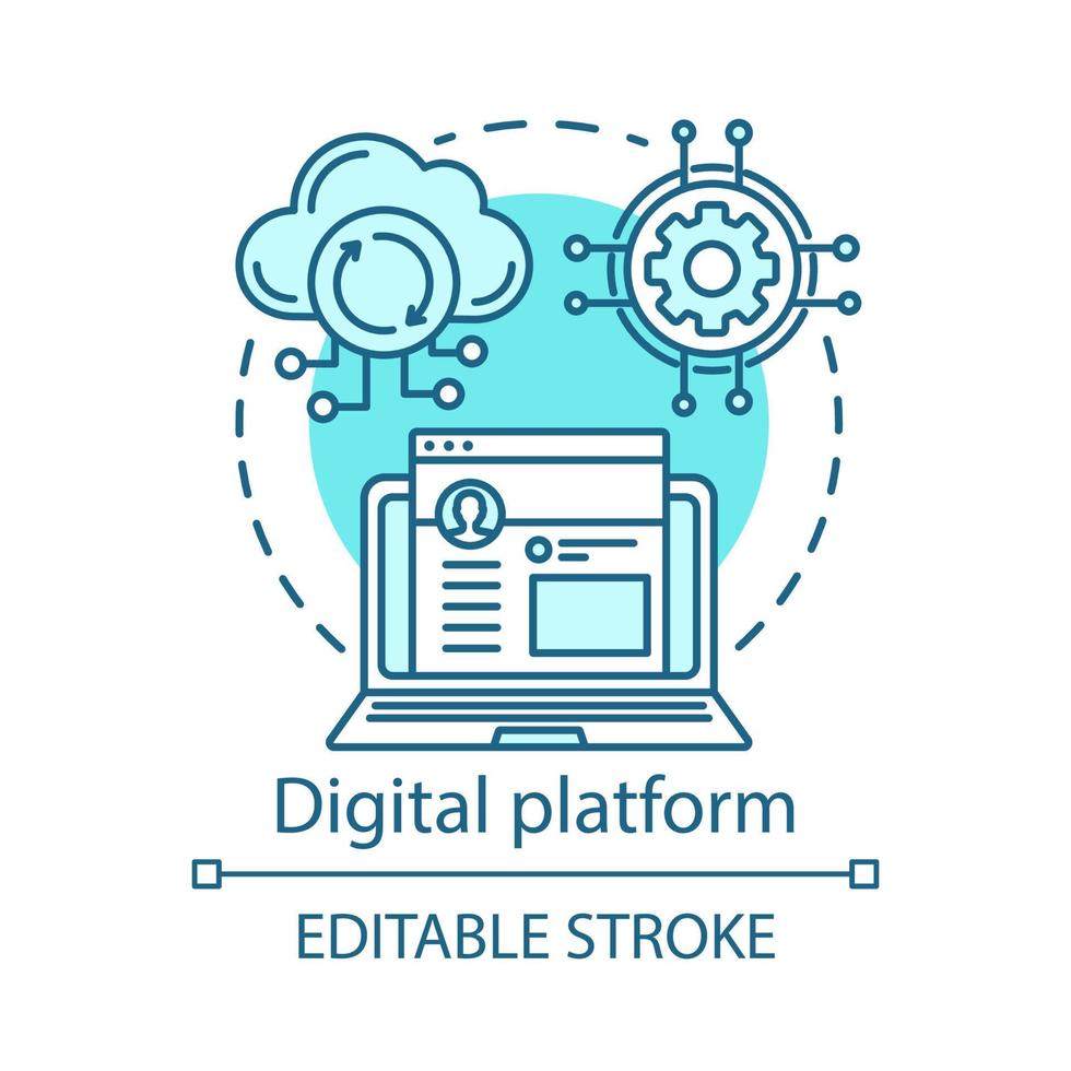 Symbol für das Konzept der digitalen Plattform für die Softwareentwicklung. social media, kommunikationsnetzwerkidee dünne linienillustration. Online-System, Cloud-Technologie. Vektor isoliert Umrisszeichnung. editierbarer Strich