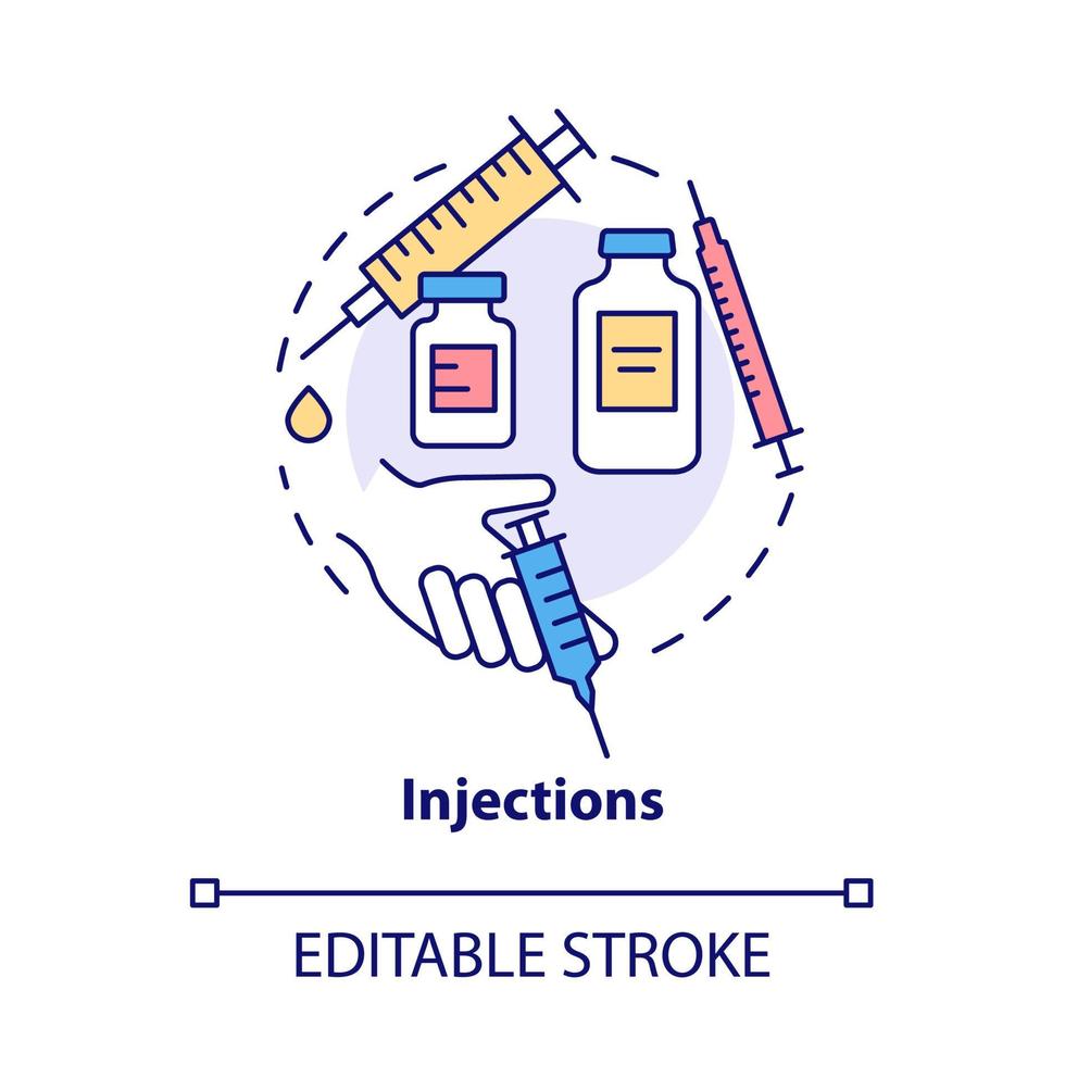 Symbol für das Injektionskonzept. Arthritis-Klinik Dienstleistungen abstrakte Idee dünne Linie Abbildung. Medikamente gegen Arthrose. Spritze Medizin. Vektor isolierte Umrissfarbe Zeichnung. editierbarer Strich