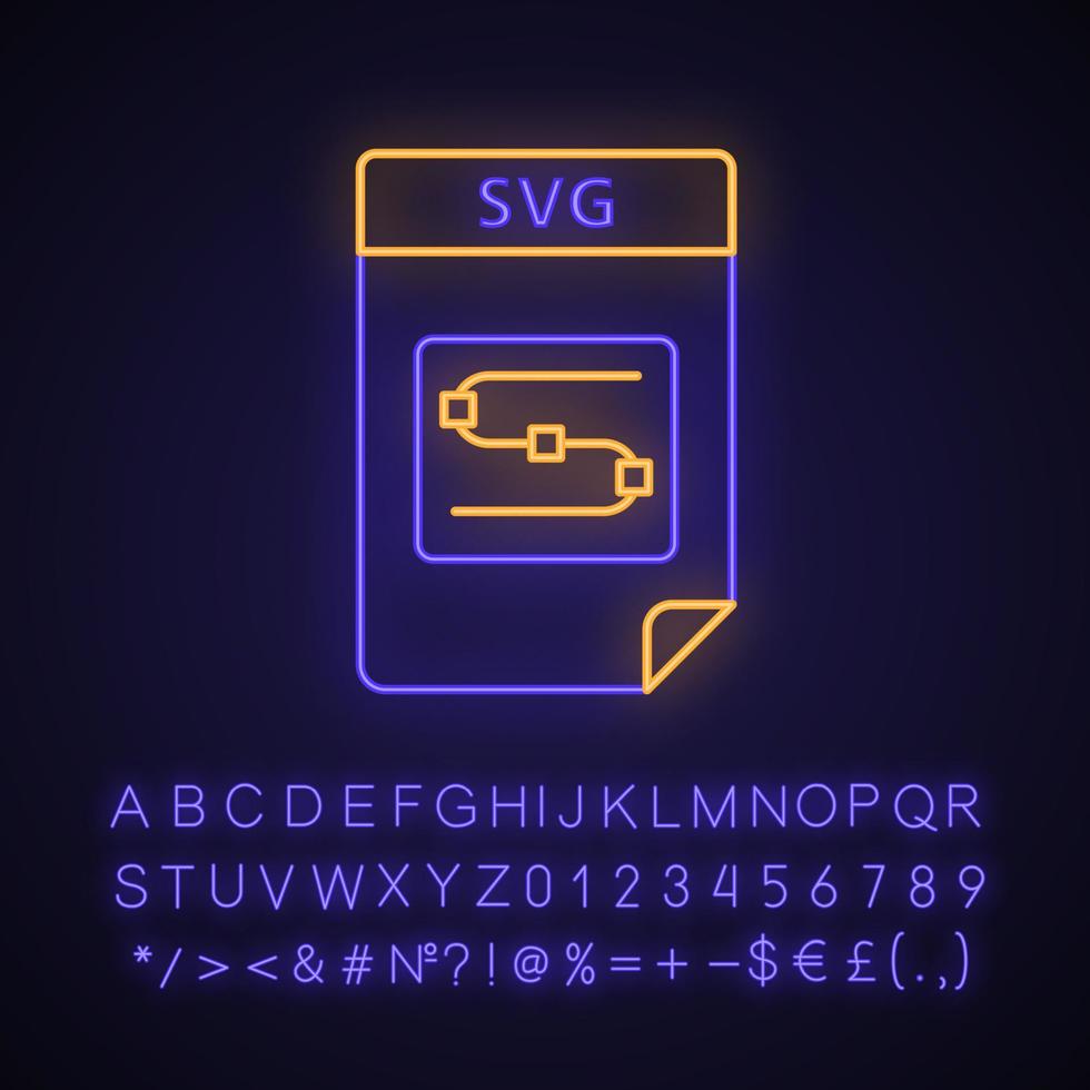 svg-Datei Neonlicht-Symbol. skalierbare Vektorgrafiken. Bilddateiformat. leuchtendes zeichen mit alphabet, zahlen und symbolen. vektor isolierte illustration