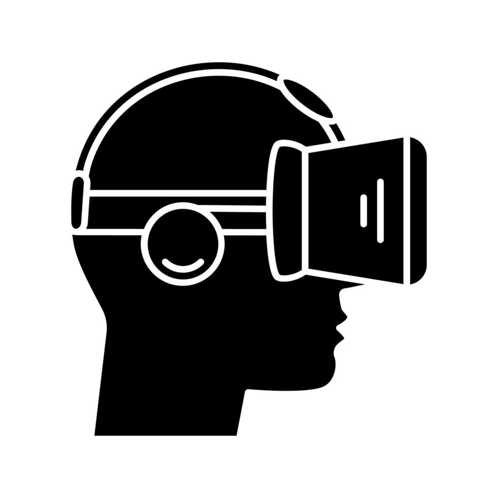Glyphen-Symbol für die Seitenansicht des vr-Players. Silhouettensymbol. Virtual-Reality-Spieler. 3D-VR-Maske, Brille, Headset mit eingebauten Kopfhörern. negativer Raum. vektor isolierte illustration