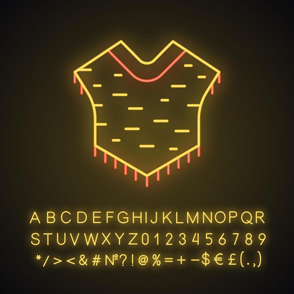 Symbol für Poncho-Neonlicht. südamerikanische traditionelle kleidung. Umhang aus Wolle mit Fransen. leuchtendes zeichen mit alphabet, zahlen und symbolen. vektor isolierte illustration
