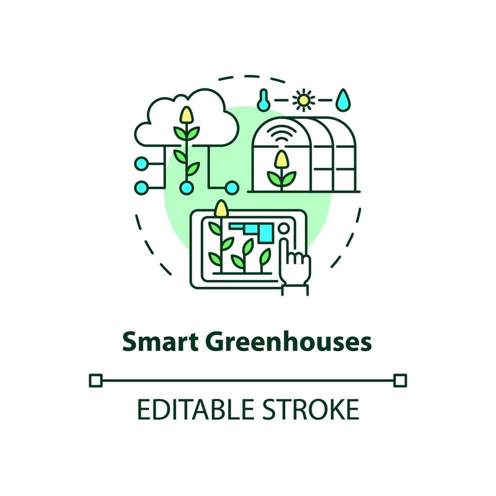 Symbol für das Konzept intelligenter Gewächshäuser. iot landwirtschaft abstrakte idee dünne linie illustration. wachsende Prozessautomatisierung. isolierte Umrisszeichnung. editierbarer Strich. Roboto-Medium, unzählige pro-fette Schriftarten verwendet vektor