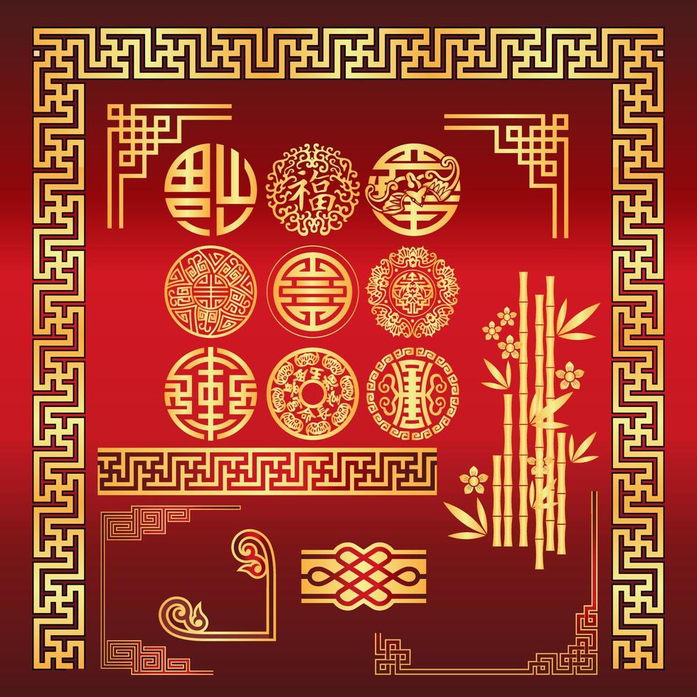 satz von grenzmusterrahmenelementen traditionelle dekoration des chinesischen neujahrsfests vektor