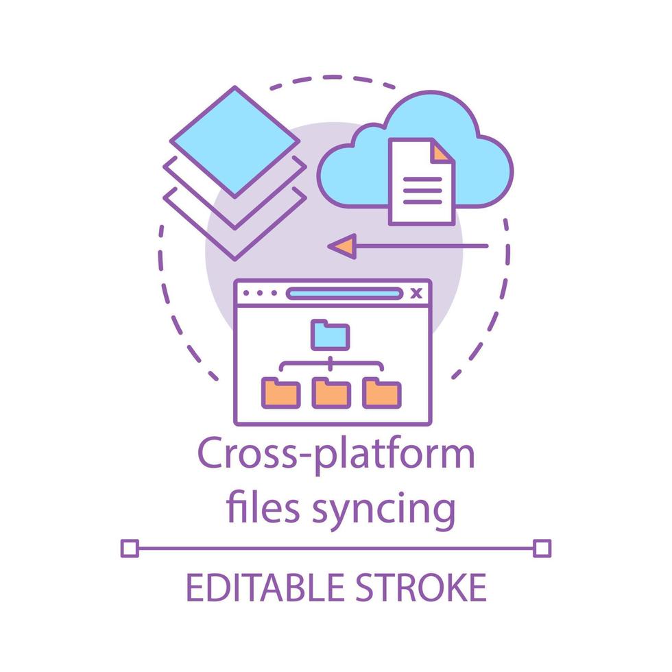 plattformsoberoende filer synkronisering koncept ikon. cloud computing, fjärrinformation åtkomst idé tunn linje illustration. dataöverföring, onlineteknik. vektor isolerade konturritning. redigerbar linje