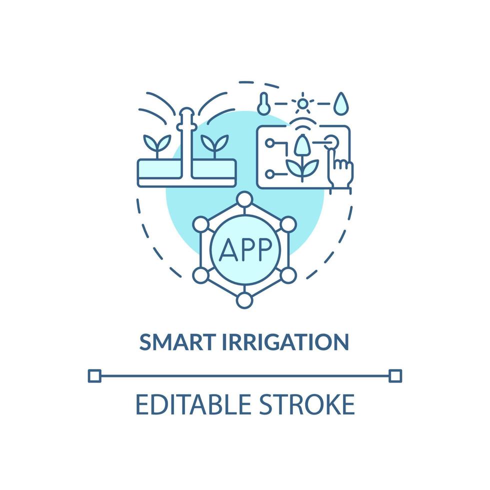 smart bevattning turkos konceptikon. gård automation enhet abstrakt idé tunn linje illustration. bevattningsschema. isolerade konturritning. redigerbar linje. arial, otaliga pro-bold typsnitt som används vektor