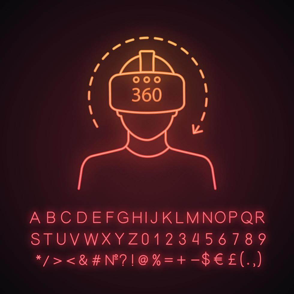 virtuell verklighet video neonljus ikon. 360 graders video. vr-spelare med vr-mask, glasögon, headset och rotationspil. glödande tecken med alfabet, siffror och symboler. vektor isolerade illustration