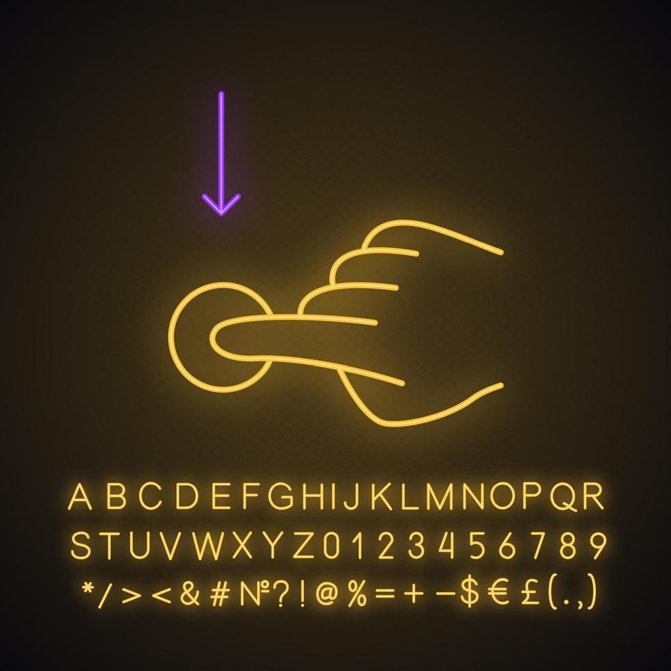 vertikales scrollen nach unten und gestikulieren des neonlichtsymbols. Touchscreen-Geste. tippen, zeigen, klicken. mit sensorischen Geräten. leuchtendes zeichen mit alphabet, zahlen und symbolen. vektor isolierte illustration