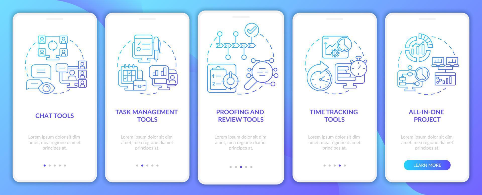 Business-Produktivitätswerkzeuge blauer Farbverlauf beim Onboarding des mobilen App-Bildschirms. Komplettlösung 5 Schritte grafische Anleitungsseiten mit linearen Konzepten. ui, ux, gui-Vorlage. Unzählige pro-fette, normale Schriftarten werden verwendet vektor