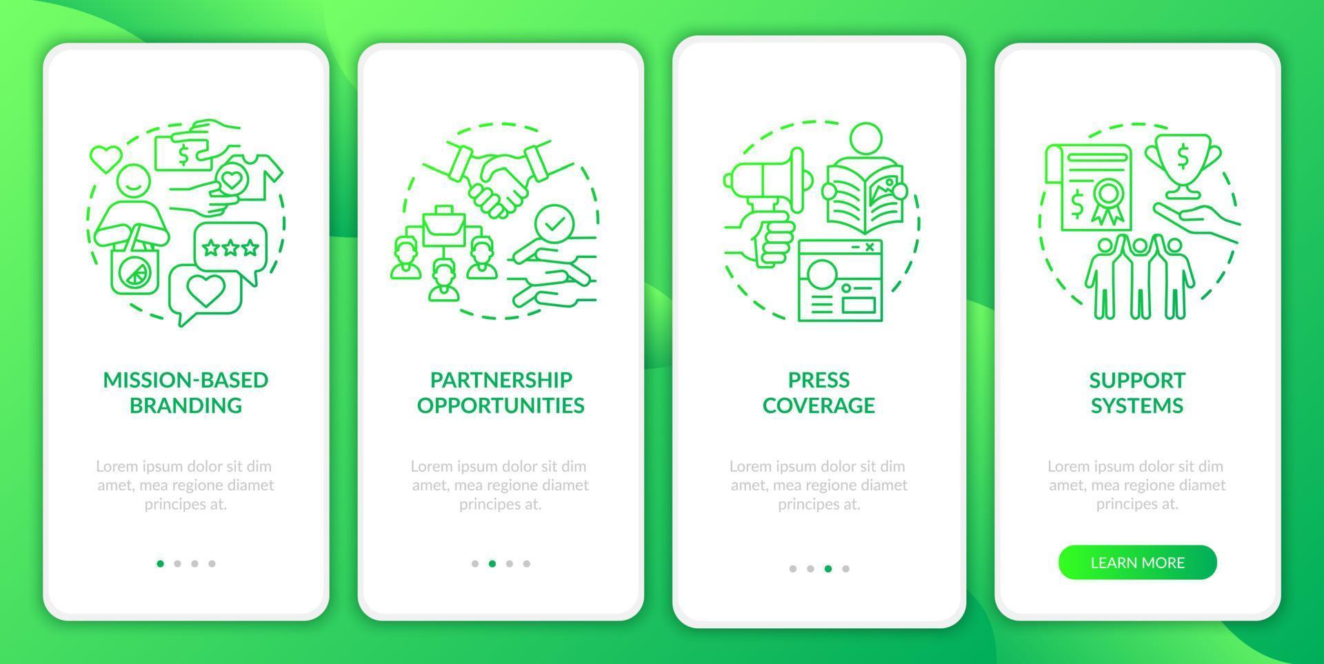 vorteile für soziale unternehmen grüner gradient beim onboarding des mobilen app-seitenbildschirms. Komplettlösung 4 Schritte grafische Anweisungen mit Konzepten. ui, ux, gui-vektorvorlage mit linearen farbillustrationen vektor